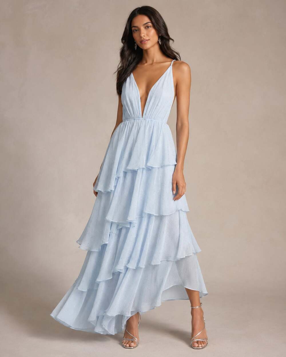 Michael Costello x Revolve Valentina Gown in Light Blue Tiered Maxi
